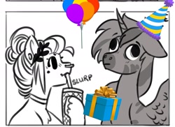 Size: 1834x1337 | Tagged: safe, artist:opalacorn, oc, oc:silver stream, oc:void, alicorn, pegasus, pony, zebra, zebra alicorn, balloon, birthday, choker, drink, drinking, drinking straw, duo, duo male and female, female, hat, hoof hold, laurel wreath, male, mare, mole, nose piercing, nose ring, partial color, party hat, piercing, present, slurp, stallion