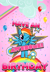 Size: 421x603 | Tagged: safe, artist:marefieber, rainbow dash, pegasus, pony, g4, abstract background, awesome, balloon, birthday, birthday card, cheerful, circle, cloud, confetti, cute, female, font, geometric figures, gradient background, looking at you, mare, one eye closed, rainbow, smiling, smiling at you, solo, spread wings, stars, text, wings, wink, winking at you