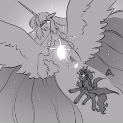 Size: 3600x3600 | Tagged: safe, artist:opalacorn, princess flurry heart, twilight sparkle, alicorn, changepony, hybrid, pony, false shining au, g4, alternate design, alternate universe, belly, corrupted, duo, duo female, ethereal mane, female, grayscale, mare, monochrome, older, older flurry heart, size difference, species swap, spread wings, starry mane, twilight sparkle (alicorn), wings