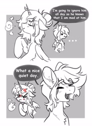 Size: 3013x4096 | Tagged: safe, artist:opalacorn, oc, oc only, oc:asteria, oc:blue skies, pegasus, pony, unicorn, ..., 2 panel comic, angry, artificial wings, augmented, black and white, bust, chest fluff, comic, cross-popping veins, dialogue, duo, duo male and female, emanata, eyes closed, female, floppy ears, grayscale, high res, horn, magic, magic wings, male, mare, monochrome, oc x oc, open mouth, open smile, partial color, shipping, silent treatment, simple background, smiling, speech bubble, stallion, straight, white background, wings