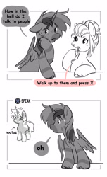 Size: 2400x3941 | Tagged: safe, artist:opalacorn, oc, oc only, oc:nootaz, oc:silver stream, oc:void, alicorn, pegasus, pony, unicorn, zebra, zebra alicorn, 2 panel comic, comic, dialogue, female, horn, male, mare, nose piercing, nose ring, nudity, partial color, piercing, simple background, speech bubble, stallion, trio, white background, zebra oc