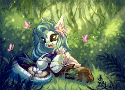 Size: 3500x2500 | Tagged: safe, artist:uwushka, oc, oc only, oc:lamey, butterfly, lamia, original species, pony, snake, snake pony, bird nest, bracelet, clothes, complex background, crepuscular rays, egg, female, flower, flower in hair, foliage, forest, gold bracelet, happy, high res, jewelry, log, long hair, mare, nature, nest, open mouth, outdoors, plants, signature, smiling, snakepony, solo, tree