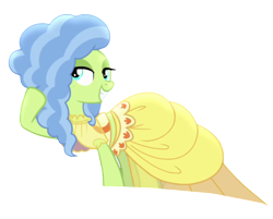 Size: 894x720 | Tagged: safe, edit, edited screencap, editor:marefieber, screencap, earth pony, pony, g4, honest apple, season 7, background removed, clothes, dress, fashion, fashion show, female, gown, mare, morning glory (g4), png, raised hoof, simple background, smiling, solo, teeth, transparent background, turned head, yellow dress