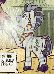 Size: 485x661 | Tagged: safe, artist:andy price, idw, nzuri, zebra, friendship is magic #100, g4, season 10, spoiler:comic, butt, knights of harmony, piercing, plot, smiling, solo