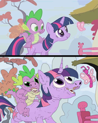 Size: 1337x1679 | Tagged: safe, artist:applebeans, spike, twilight sparkle, butterfly, dragon, pony, unicorn, fall weather friends, g4, female, horn, male, mare, meatcanyon, meme, not salmon, outdoors, redraw, scene interpretation, screencap reference, unicorn twilight, wat, wtf