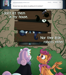 Size: 1500x1710 | Tagged: safe, artist:drxii, scootaloo, sweetie belle, oc, oc:ipsywitch, pony, robot, robot pony, g4, ask, cigarette, dialogue, female, filly, foal, mare, meanie belle, scootabot, smoking, tumblr