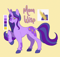 Size: 2606x2500 | Tagged: safe, artist:rabbitpunk, oc, oc only, oc:moon wisp, pony, unicorn, anatomically incorrect, body markings, colored hooves, eyebrows, eyebrows visible through hair, facial markings, female, hooves, horn, incorrect leg anatomy, leg markings, long hooves, magic, magic aura, mare, multicolored hair, multicolored mane, multicolored tail, ponysona, raised hoof, reference sheet, simple background, tail, yellow background, yellow eyes