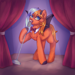 Size: 1280x1280 | Tagged: safe, oc, oc only, oc:singsong, bat pony, pony, blue eyes, female, filly, foal, food, horns, indoors, long mane, microphone, open mouth, orange, scene interpretation, scenery, solo, spots, spread wings, wings