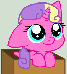 Size: 575x633 | Tagged: safe, artist:lilylupony, artist:mlpfimprincessskyla, princess skyla, alicorn, pony, g4, base used, box, cute, cuteness overload, daaaaaaaaaaaw, female, filly, foal, heartwarming, in a box, one ear down, pony in a box, simple background, skylabetes, smiling, solo, wholesome