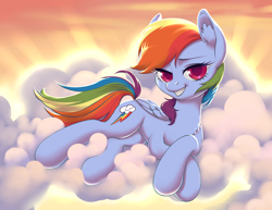 Size: 3300x2550 | Tagged: safe, artist:taytinabelle, derpibooru exclusive, rainbow dash, pegasus, pony, g4, backlighting, bedroom eyes, chest fluff, cloud, crossed hooves, ear fluff, eye clipping through hair, female, grin, lighting, looking at you, lying down, lying on a cloud, mare, on a cloud, outdoors, smiling, smiling at you, smug, solo, sunset