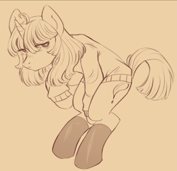 Size: 1239x1199 | Tagged: safe, artist:alex6886, stygian, pony, unicorn, g4, clothes, horn, looking at you, male, monochrome, socks, solo, stygian's cutie mark, thigh highs, turtleneck