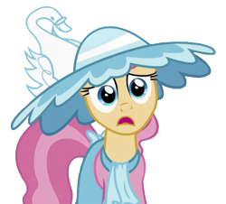 Size: 797x720 | Tagged: safe, edit, edited screencap, editor:marefieber, screencap, swan song, bird, earth pony, pony, swan, g4, my little pony: friendship is magic, season 2, sweet and elite, background removed, big hat, bow, clothes, concerned, dress, female, hat, mare, open mouth, png, simple background, solo, tail, tail bow, transparent background, worried