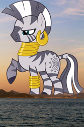 Size: 1400x2100 | Tagged: safe, artist:uxyd, edit, editor:jaredking779, zecora, zebra, g4, bracelet, ear piercing, earring, female, giant zebra, giantess, highrise ponies, irl, jewelry, leg rings, macro, mega zecora, mountain, mountain range, neck rings, ocean, outdoors, photo, piercing, ponies in real life, raised hoof, solo, story included, water