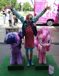 Size: 447x577 | Tagged: safe, pinkie pie, rainbow dash, twilight sparkle, human, g4, irl, irl human, outdoors, photo, target demographic, vriendschap tour