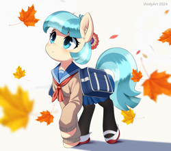 Size: 2034x1797 | Tagged: safe, artist:vinilyart, coco pommel, earth pony, pony, g4, bag, clothes, leaves, looking up, maple leaf, school uniform, shoes, solo, stockings, thigh highs