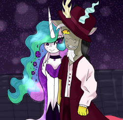 Size: 828x807 | Tagged: safe, artist:harmonykey, discord, princess celestia, alicorn, draconequus, pony, g4, clothes, dress, duo, duo male and female, female, hat, male, ship:dislestia, shipping, straight