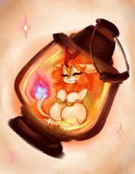 Size: 2563x3309 | Tagged: safe, artist:polnocnykot, autumn blaze, kirin, nirik, g4, awwtumn blaze, cute, ear fluff, eyes closed, female, fire, floppy ears, glowing, hooves to the chest, horn, imminent nirik, jpg, lamp, lantern, mid-transformation, mundane utility, nirik fire, shiny, smiling, smol, solo, sparkles, tiny, transformation, unshorn fetlocks, warm, wide hips