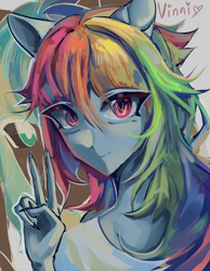 Size: 1691x2179 | Tagged: safe, artist:vinni, rainbow dash, equestria girls, g4, bust, clothes, female, multicolored hair, peace sign, ponied up, rainbow hair, shirt, solo, t-shirt