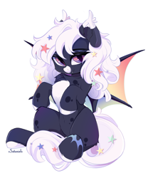 Size: 5000x6000 | Tagged: oc name needed, safe, artist:xsatanielx, oc, oc only, bat pony, chest fluff, coat markings, colored eartips, colored hooves, colored wings, commission, dappled, ear fluff, ear tufts, facial markings, female, hooves, looking at you, multicolored wings, pale belly, rainbow wings, simple background, sitting, slit pupils, snip (coat marking), solo, spread wings, two toned eyes, white background, wings