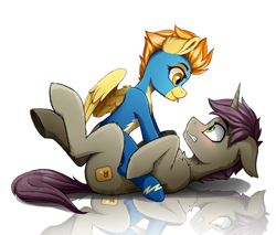 Size: 2000x1700 | Tagged: safe, alternate version, artist:rainbowfire, spitfire, oc, oc:morozov, pegasus, pony, unicorn, g4, canon x oc, clothes, cute, duo, duo male and female, female, green eyes, grin, horn, jacket, looking at each other, looking at someone, male, mare, not shadowlock, open mouth, reflection, simple background, smiling, smiling at each other, smiling at you, stallion, tongue out, tongue to tongue, uniform, white background, wings, wonderbolts, wonderbolts uniform