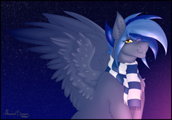 Size: 5100x3570 | Tagged: safe, artist:mustarddreams, oc, oc only, oc:pixi feather, pegasus, pony, clothes, cute, eye clipping through hair, eyebrows, eyebrows visible through hair, female, mare, night, outdoors, passepartout, pegasus oc, scarf, solo, stars, striped scarf