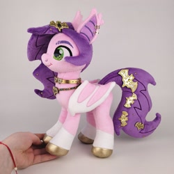 Size: 1000x1000 | Tagged: safe, artist:larsen toys, pipp petals, bat pony, pegasus, pony, g5, my little pony: a new generation, adorapipp, auction, auction open, bat pipp, bat ponified, bat wings, cute, ear piercing, earring, female, hoof heart, jewelry, mare, necklace, photo, piercing, pippbat, plushie, pony plushie, race swap, solo, underhoof, wings