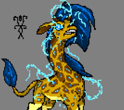 Size: 803x714 | Tagged: safe, artist:damset, oc, oc only, giraffe, digital art, electric giraffe, electricity, giraffe oc, lighting, looking at you, ms paint, pixel art, simple background, solo