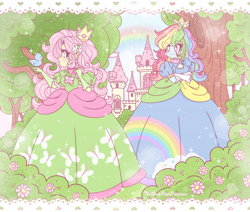 Size: 2066x1755 | Tagged: safe, artist:therosypinkprincess, fluttershy, rainbow dash, bird, human, equestria girls, g4, blushing, castle, clothes, commission, crossed arms, crown, cute, dashabetes, dress, duo, evening gloves, female, flower, flutterpeach, forest, gloves, gown, jewelry, long gloves, nature, poofy shoulders, princess daisy, princess peach, rainbow dash always dresses in style, regalia, shyabetes, super mario bros., tree