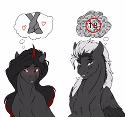 Size: 4096x3814 | Tagged: safe, artist:monolith_skyline, oc, oc:monolith_skyline, oc:shade starlight, pegasus, pony, unicorn, blush lines, blushing, censored, chest fluff, curved horn, duo, duo male, eyebrows, gay, heart, horn, lewd, lewd thoughts, lidded eyes, lip bite, male, meme, pegasus oc, ponified meme, shipping, simple background, smiling, stallion, stallion oc, thinking, thought bubble, unicorn oc, white background, wings