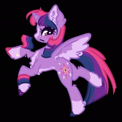 Size: 2048x2048 | Tagged: safe, artist:dovahkiira, twilight sparkle, alicorn, pony, g4, bisexual pride flag, black background, chest fluff, coat markings, colored hooves, colored wings, cute, ear fluff, female, flag, holding flag, hooves, looking at you, mare, mouth hold, pride, pride flag, raised hooves, redesign, side view, simple background, smiling, socks (coat markings), solo, spread wings, standing, standing on one leg, three toned mane, twilight sparkle (alicorn), unshorn fetlocks, wings