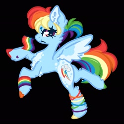 Size: 2048x2048 | Tagged: safe, artist:dovahkiira, rainbow dash, pegasus, pony, g4, black background, bracelet, chest fluff, coat markings, cute, ear fluff, female, flag, gay pride flag, hoof heart, jewelry, looking at you, mare, mouth hold, pride, pride flag, raised hooves, redesign, simple background, smiling, solo, spread wings, standing, standing on one leg, unshorn fetlocks, wings