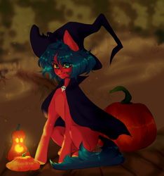 Size: 1200x1280 | Tagged: safe, earth pony, pony, clothes, costume, dark, female, halloween, halloween costume, hat, holiday, light, looking at you, pumpkin, smiling, solo, spooky, witch, witch hat