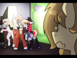 Size: 3600x2700 | Tagged: safe, artist:b(r)at, svengallop, oc, oc:batty bliss, oc:literate history, bat pony, earth pony, pony, unicorn, g4, butt, clothes, drink, drinking, female, frown, horn, indoors, male, mare, pants, plot, stallion