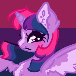 Size: 680x680 | Tagged: safe, artist:dovahkiira, twilight sparkle, alicorn, pony, g4, alternate design, alternate mane color, bilight sparkle, bisexual pride flag, colored lineart, female, flag background, mare, pride, pride background, pride flag, profile, solo, striped background, three toned background, twilight sparkle (alicorn)