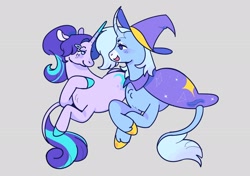 Size: 2048x1444 | Tagged: safe, artist:fenceington, starlight glimmer, trixie, pony, unicorn, g4, cape, clothes, curved horn, duo, duo female, female, gray background, hat, horn, leonine tail, lesbian, looking at each other, looking at someone, lying down, mare, prone, raised hoof, redesign, ship:startrix, shipping, simple background, smiling, tail, two toned mane, unshorn fetlocks