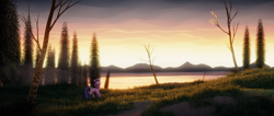 Size: 2360x1000 | Tagged: safe, artist:fluffyrescent, artist:shamanguli, twilight sparkle, alicorn, pony, g4, 2d to 3d, 3d, blender, female, lake, mare, mountain, mountain range, render, scenery, solo, sunset, tree, twilight sparkle (alicorn), water