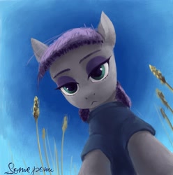 Size: 2607x2627 | Tagged: safe, artist:some_ponu, maud pie, earth pony, pony, g4, :<, eyeshadow, female, food, lidded eyes, looking at you, looking down, looking down at you, makeup, mare, offscreen character, pov, signature, sky, solo, wheat