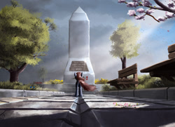 Size: 1214x880 | Tagged: safe, artist:sylar113, oc, oc only, pony, bench, flower, monument, mouth hold, outdoors, park bench, solo, translated in the comments, victory day, world war ii