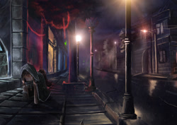 Size: 1259x890 | Tagged: safe, artist:sylar113, oc, oc only, pony, blindfold, city, cloak, clothes, night, outdoors, rain, solo