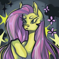 Size: 1024x1024 | Tagged: safe, artist:poison, fluttershy, butterfly, pegasus, pony, g4, cyrillic, dark background, female, mare, russian, signature, stars