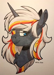 Size: 2918x4065 | Tagged: safe, artist:lrusu, oc, oc only, oc:velvet remedy, unicorn, fallout equestria, aside glance, blue eyes, bust, chest fluff, eye clipping through hair, female, high res, horn, looking at you, mare, marker drawing, multicolored hair, painting, portrait, side view, smiling, solo, traditional art, unicorn oc