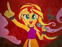 Size: 1882x1429 | Tagged: safe, artist:diablo rojo, sunset shimmer, human, equestria girls, g4, my little pony equestria girls: rainbow rocks, armpits, bare shoulders, clothes, looking at you, shirt, singing, skirt, sleeveless, solo, welcome to the show