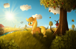 Size: 940x600 | Tagged: safe, artist:sylar113, applejack, butterfly, earth pony, pony, g4, apple, apple tree, cloud, female, house, leaves, mare, outdoors, river, scenery, solo, sun, tree, water, windmill