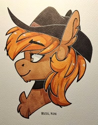 Size: 3040x3864 | Tagged: safe, artist:lrusu, oc, oc only, oc:calamity, pegasus, pony, fallout equestria, bust, chest fluff, cowboy hat, hat, male, marker drawing, painting, pegasus oc, portrait, side view, smiling, solo, stallion, traditional art