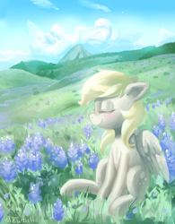 Size: 772x990 | Tagged: safe, artist:mewball, derpy hooves, pegasus, pony, g4, cloud, cloudy, cute, derpabetes, eyes closed, female, mare, scenery, sitting, solo