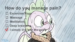 Size: 1200x675 | Tagged: safe, artist:pony-berserker, spike, pony-berserker's twitter sketches, g4, bandaid, bandaid on nose, clothes, coat, how do you manage pain, meme, meme reference, pony-berserker's twitter sketches (2024), rain, wet