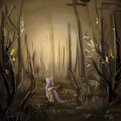 Size: 2449x2449 | Tagged: safe, artist:katemaximova, fluttershy, pegasus, pony, g4, dark, female, forest, mare, nature, scenery, solo, tree