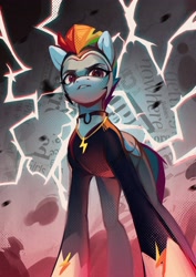 Size: 2480x3508 | Tagged: safe, artist:annna markarova, rainbow dash, zapp, pegasus, pony, g4, power ponies (episode), clothes, costume, female, film grain, folded wings, halftone, high res, lightning, looking at you, mare, outdoors, power ponies, screentone, solo, wings