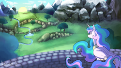 Size: 3265x1837 | Tagged: safe, artist:mentotoothpicks, princess celestia, alicorn, pony, g4, 4everfreebrony, ear fluff, female, lake, looking at something, mare, mountain, no pupils, scenery, solo, tree, water, waterfall