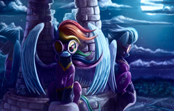 Size: 2300x1460 | Tagged: safe, artist:tsitra360, nightshade, rainbow dash, pegasus, pony, g4, bad end, clothes, costume, duo, female, goggles, mare, night, nightmare night costume, shadowbolt dash, shadowbolts, shadowbolts costume, shadowbolts uniform, sitting, spread wings, wings